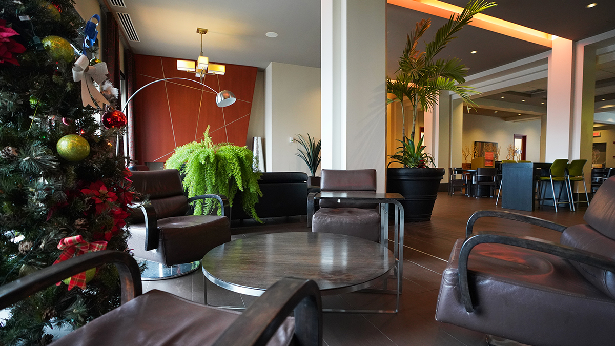 Festive living space with Christmas tree and chairs, ideal for receptions and celebrations at Hotel Must.