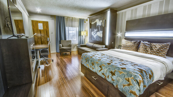 Chambre contemporaine spacieuse avec deux grands lits, foyer chaleureux, télévision et terrasse commune offrant une vue apaisante sur le jardin
