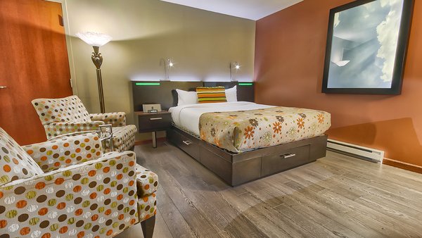 Chambre tendance avec un grand lit, sans fenêtre, offrant un espace intime et confortable à l'Hôtel Must.