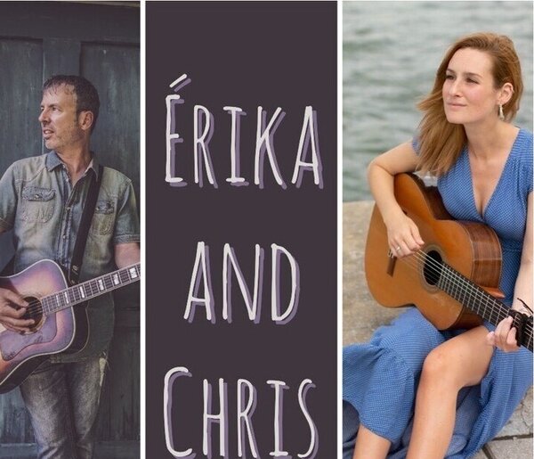 A musical performance at Hôtel Palace. On the left, Chris is playing an acoustic guitar, wearing a denim shirt. On the right, Érika, in a blue dress, is playing an acoustic guitar.