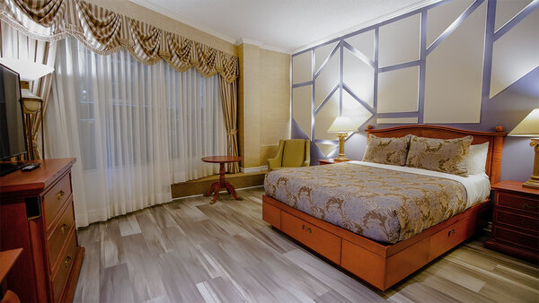 Spacious room with king-size bed and TV, with partial view of the Royal Palace garden.