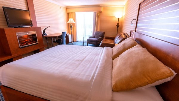 First Class room with king-size bed, double whirlpool bath and cozy fireplace, offering luxury and relaxation at the Hotel Lindbergh.