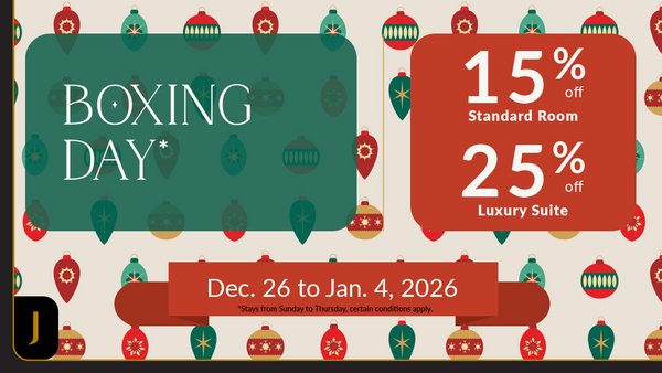 Boxing Day promotion from Hôtels JARO. The design includes festive Christmas elements, such as holly leaves and berries.