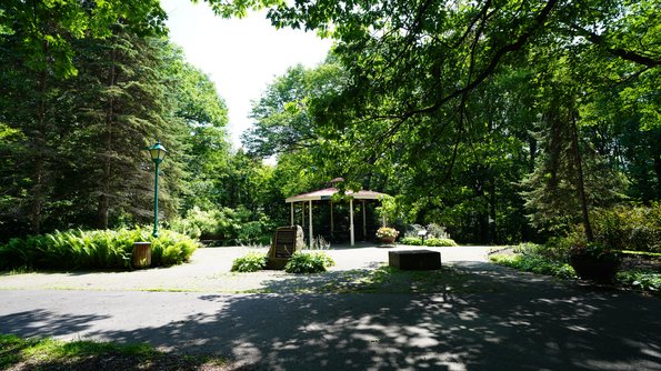 Sentier ombragé menant à une charmante gloriette entourée de verdure et de fougères, au Parc Cartier-Roberval.