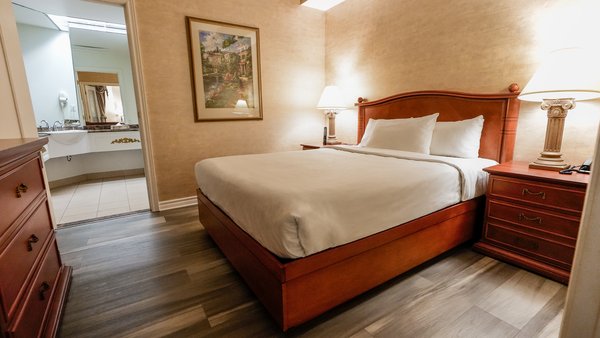 Suite adaptée au Palace Royal, composée de deux pièces avec un grand lit et un divan-lit, offrant une vue partielle sur le jardin