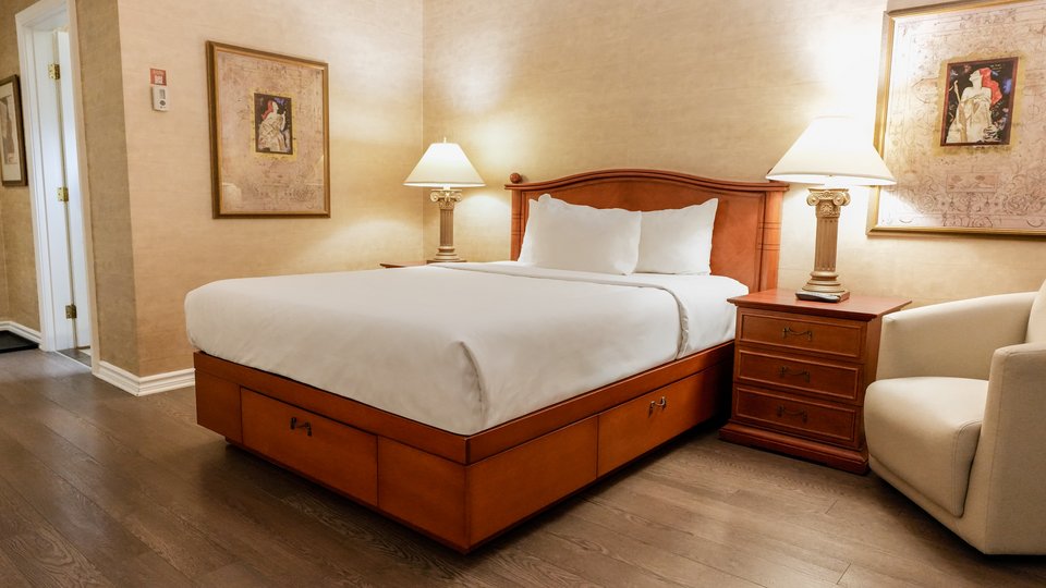 Chambre d'hôtel classique avec un grand lit, télévision et bureau, offrant une vue partielle sur le jardin du Palace Royal