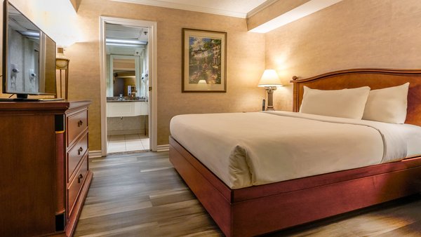 Grande chambre du Palace Royal avec un lit, un canapé-lit et une télévision, offrant une vue sur le jardin