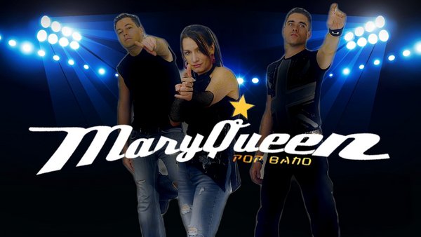 Mary Queen Pop Band in the Diesel bar inside the Quebec Inn hotel, with members of the band posing under spotlights in an energetic atmosphere.