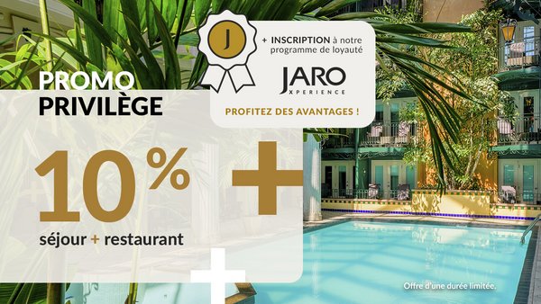 Promo Privilège : obtenez 10 % de rabais sur l’hébergement et le restaurant en vous abonnant au programme de fidélité, avec vue sur la magnifique piscine tropicale de l’Hôtel Plaza Québec. Offre pour une durée limitée.
