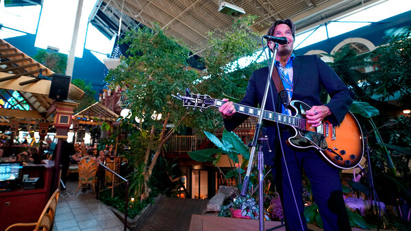 A musical presentation in a tropical garden at the Quebec Inn, featuring singer Remmy Langlois playing guitar, surrounded by a festive, illuminated atmosphere.
