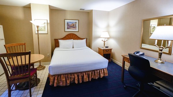 Chambre économique avec un grand lit, une cuisinette entièrement équipée, offrant confort et praticité à l'Hôtel Lindbergh
